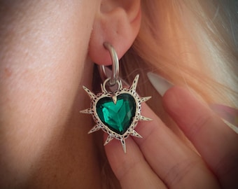Green spiked heart hoop earrings