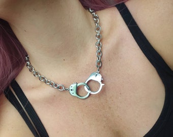 Chunky chain necklace, handcuff necklace, handcuffs, punk jewelry, grunge, goth jewelry,  mens chain necklace, womens necklace, thick chain