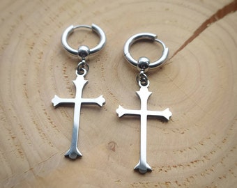 Gothic cross earrings, huggie hoops, punk earrings, gothic jewelry, mens earring, womens jewellery, gift ideas, emo, alternative, goth