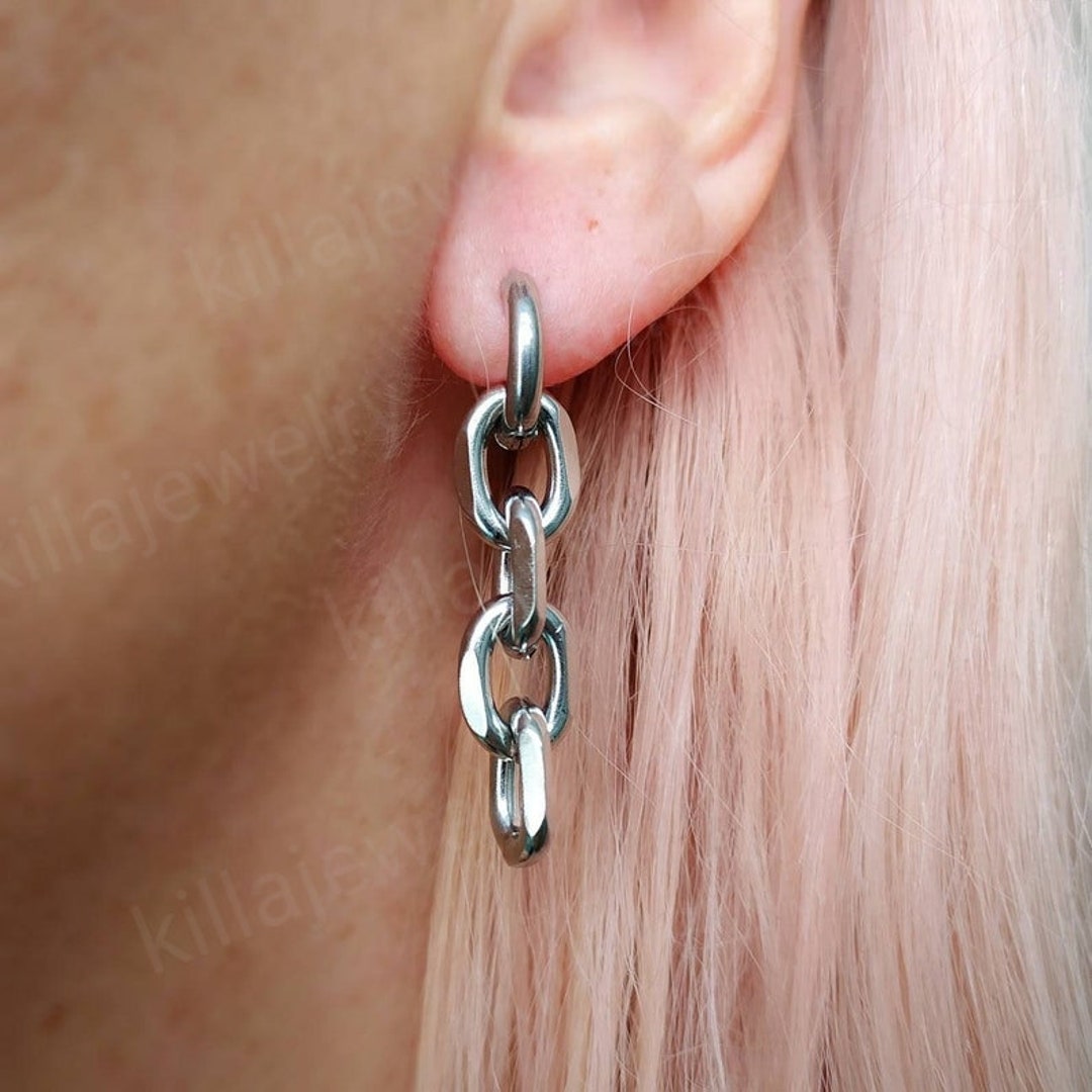 Chunky Stainless Steel Chain Earrings: Punk Grunge Huggie Hoops - Etsy Japan