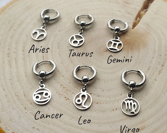 Zodiac earrings, star sign jewelry, horoscope, mens earring,  womens earrings, mens jewelry,  huggie hoops, Stainless Steel, gift ideas