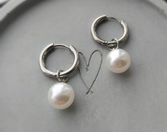 Pearl hoop earrings, silver pearl earrings, men's earring, women's earrings, Huggie hoops, ear huggies, stainless steel, pearl earrings