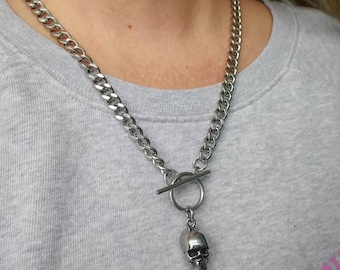 Skull necklace, skull pendant necklace, curb chain, toggle clasp necklace, goth necklace,  punk jewelry, mens necklace, grunge, alternative