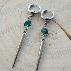 Spike earrings, green crystal, goth earrings, goth jewelry,  punk jewelry, silver spikes, mens earring, womens jewellery, silver spikes, emo