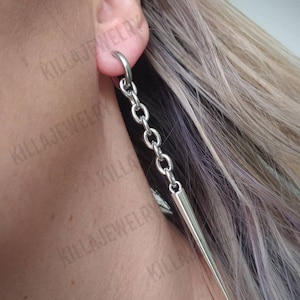 Spike earrings, chain earrings, huggie hoop earrings, silver spikes, gothic jewelry,  punk earrings, emo, alternative, women's earrings