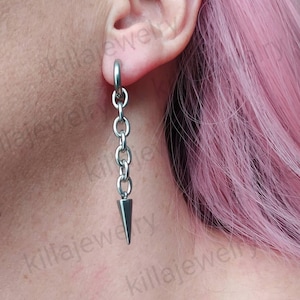 Punk earrings, spike earrings, gothic jewelry, grunge, chunky spike earrings, mens earring,  womens earrings, silver spikes, chunky chain
