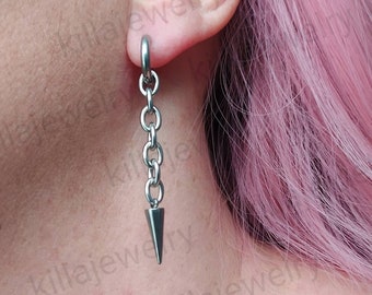 Edelstahl Spike Ohrringe: Punk Goth Kettenbaumel