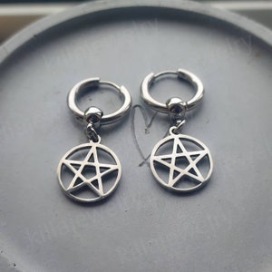 pentagram huggie hoop earrings, pentagram earrings, goth jewelry, gothic earrings, emo, alternative, occult, mens earring, womens jewelry