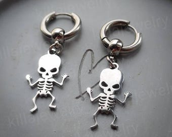 Stainless Steel Skeleton Huggie Hoop Earrings: Punk Goth Jewelry