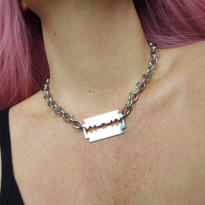 Chunky Stainless Steel Razor Blade Necklace - Punk Goth Choker - Etsy
