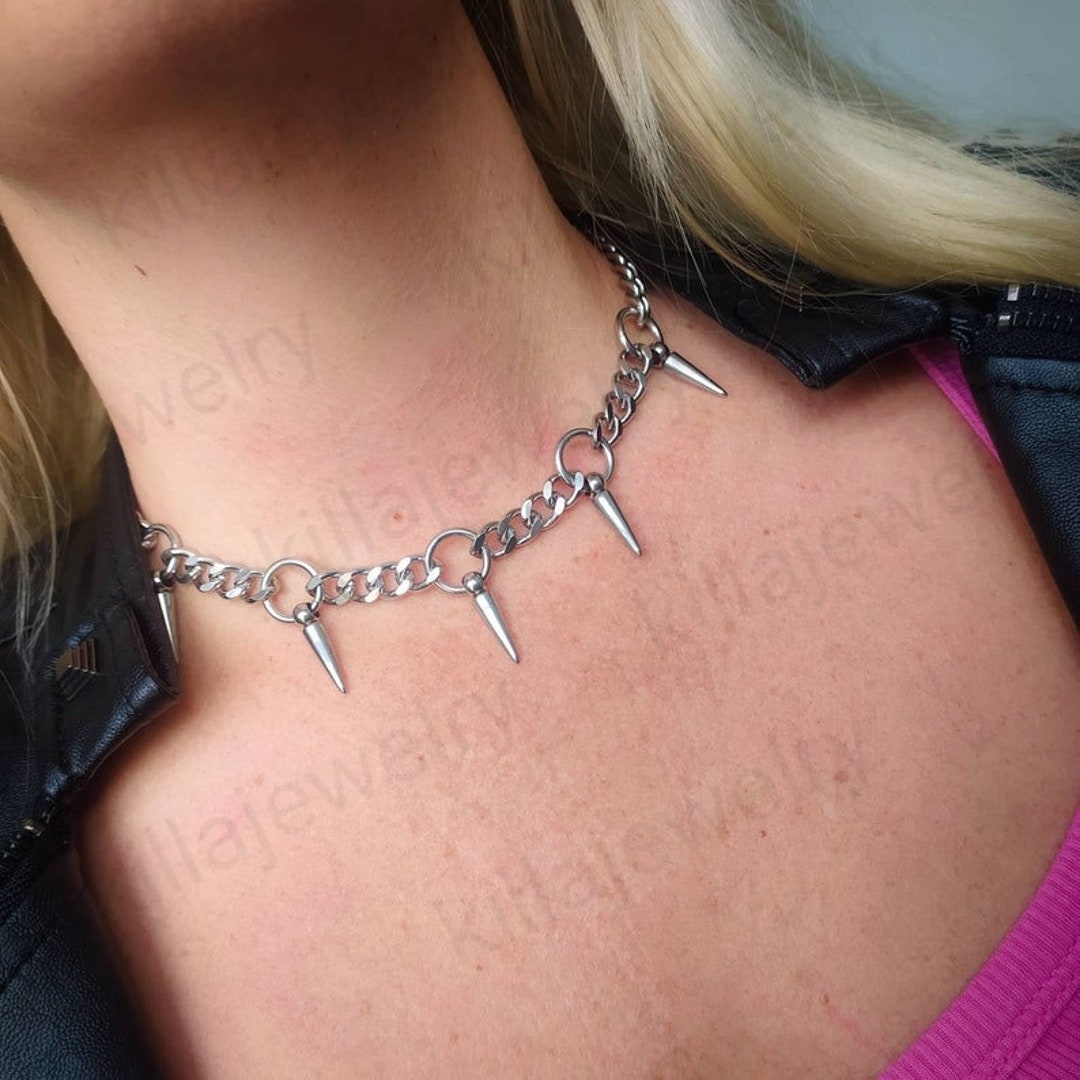 Spike Chain Choker Necklace, Spike Necklace, Silver Curb