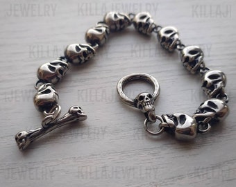 Skull bracelet, silver skulls, punk bracelet, mens bracelet, women's bracelet, mens jewelry, biker jewelry, goth bracelet, gift ideas