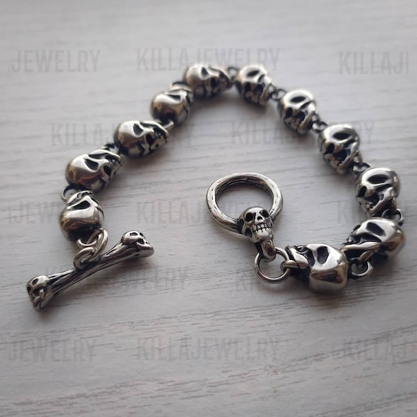 Bracelet tête de mort, têtes de mort en argent, bracelet punk, bracelet pour homme, bracelet pour femme, bijoux pour homme, bijoux de motard, bracelet gothique, idées cadeaux