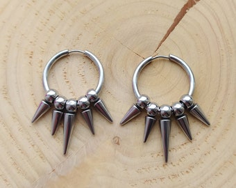 Large multiple spike hoop earrings, silver spikes, punk earrings, gothic jewelry, grunge,  emo, alternative, women's earrings, mens jewelry