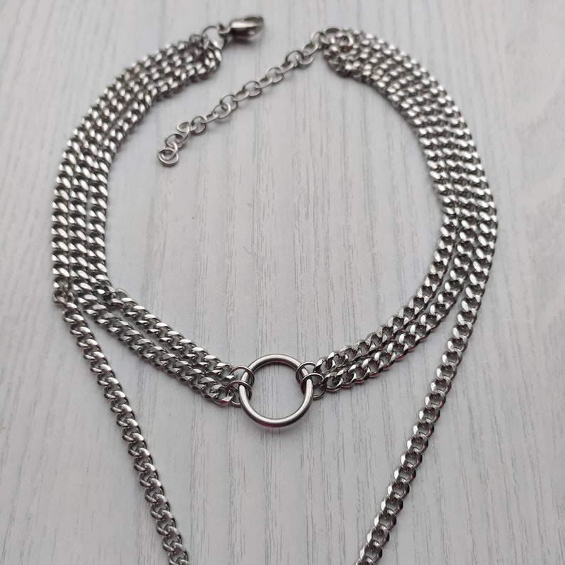 Multi strand o ring choker ketting in zilver, meerlaagse ketting, zilveren cirkelketting, spike ketting, spike choker, dames choker afbeelding 6