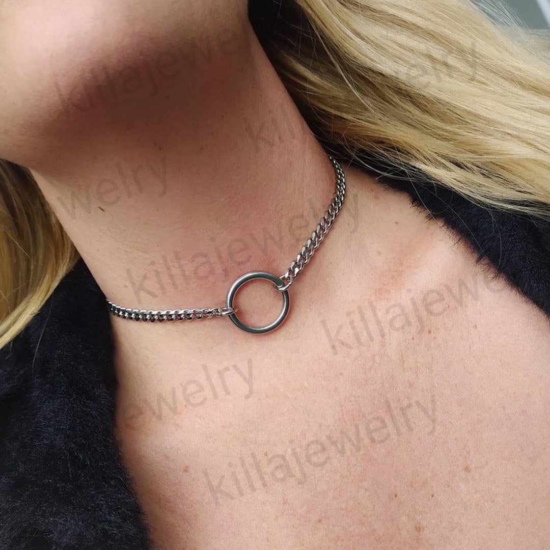 O Ring Choker Halskette Frauen Halsband groBe Silber O Ring Silber Kreis Halskette Panzerkette Gothic Schmuck submissiver Schmuck sub Geschenk