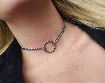 Stainless Steel O Ring Choker: Curb Chain Goth Necklace