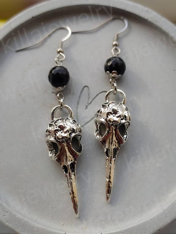 Raven Skull Earrings: Gothic Black Obsidian Gemstone Jewelry