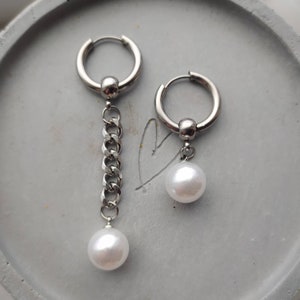 Asymmetrical earrings, mismatched earrings, pearl earrings, chain link earrings, Huggie hoops, mens earring,  women's earrings, gifts