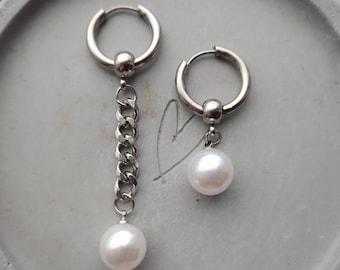 Asymmetrical earrings, mismatched earrings, pearl earrings, chain link earrings, Huggie hoops, mens earring,  women's earrings, gifts