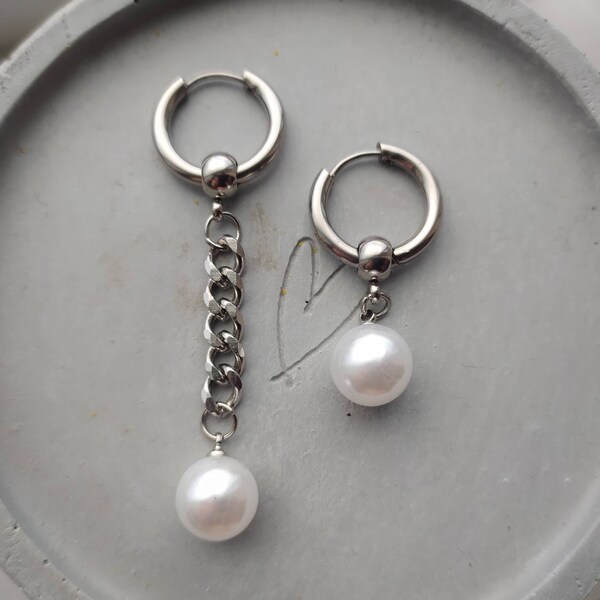 Asymmetrical earrings, mismatched earrings, pearl earrings, chain link earrings, Huggie hoops, mens earring,  women's earrings, gifts