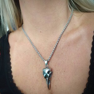 May include: A silver chain necklace with a detailed bird skull pendant.