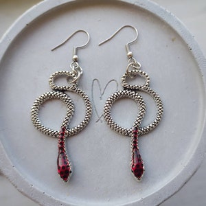 Snake earrings, red and silver earrings, goth earrings, gothic jewelry, snakes, emo, alternative,  women's earrings, women's jewellery, gift