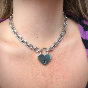 Chunky heart padlock chain necklace with key