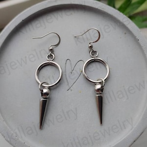 Silver spike earrings, spikes, silver circle earrings, o ring earrings, goth earrings, goth jewelry, women&#39;s earrings, punk earrings, gifts