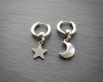 Star and moon earrings, mismatched earrings,  huggie hoops earrings, mens earring,  womens jewellery, punk earrings, silver star, crescent