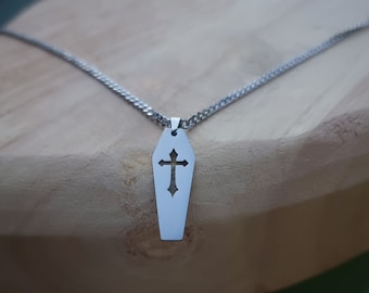 Gothic coffin/ Cross necklace in silver