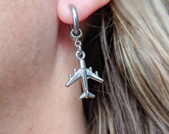 Airplane Huggie Hoop Earrings: Stainless Steel Unisex Earrings