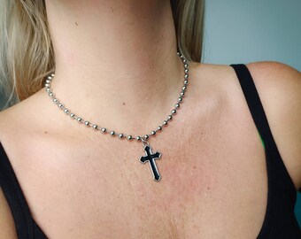Gothic cross necklace, black cross choker necklace, goth necklace, silver ball chain, punk jewelry, women's choker, women's necklace, emo