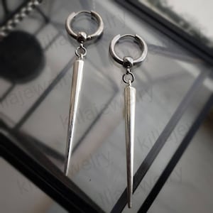 ロングシルバースパイクフーギーフープイヤリング、ラージスパイク、スパイクイヤリング、ゴシックイヤリング、パンク、エモ、オルタナティブ、レディースイヤリング、メンズジュエリー