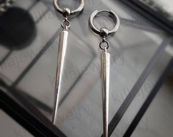 Long Silver Spike Huggie Hoop Earrings: gothic punk jewelry