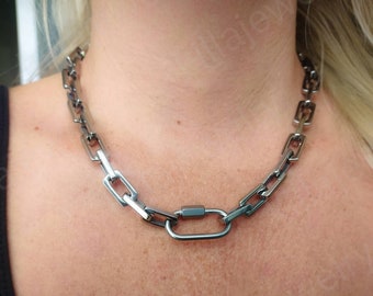 Chunky Stainless Steel Chain Choker: Punk Carabiner Clasp Necklace