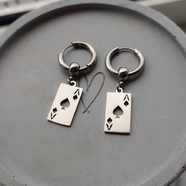 Playing card earrings, ace of spades earrings, poker earrings, ear huggies, stainless steel, silver, men's earrings, men's jewelry, Huggies