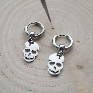 Skull earrings, huggie hoops, punk earrings, silver skulls, gothic jewelry, goth earrings, punk Jewelry, biker jewelry, mens earring, gifts
