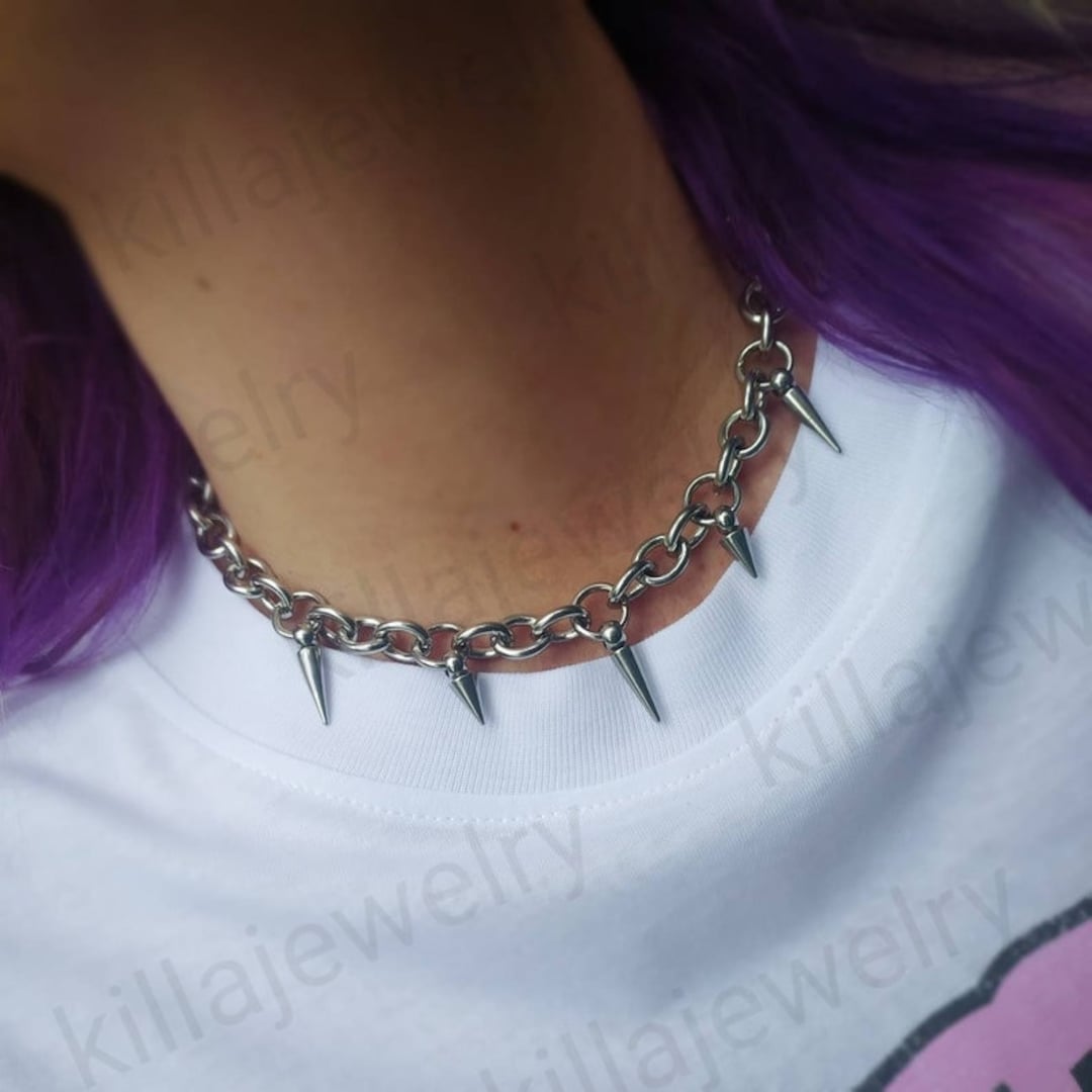Spike Necklace, Spike Chain Choker Necklace, Silver Spike, Chunky - Main Image