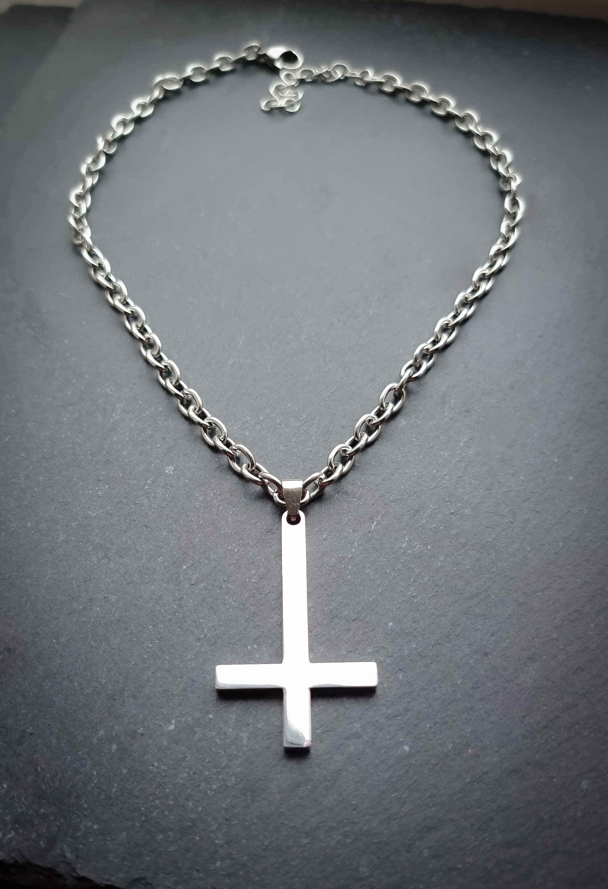 Nofade Silver Inverted Cross Necklace for Women Men, S925 Sterling Silver  Upside Down Cross Pendant with Chain 18'' Religious Jewelry