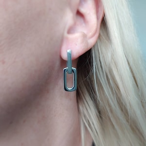 Chunky silver earrings, chunky silver chain link earrings, geometric earrings, rectangular hoop earrings, women's earrings, paperclip chain image 5