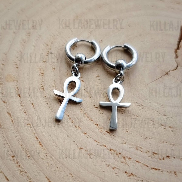 Egyptian ankh huggie hoop earrings in silver