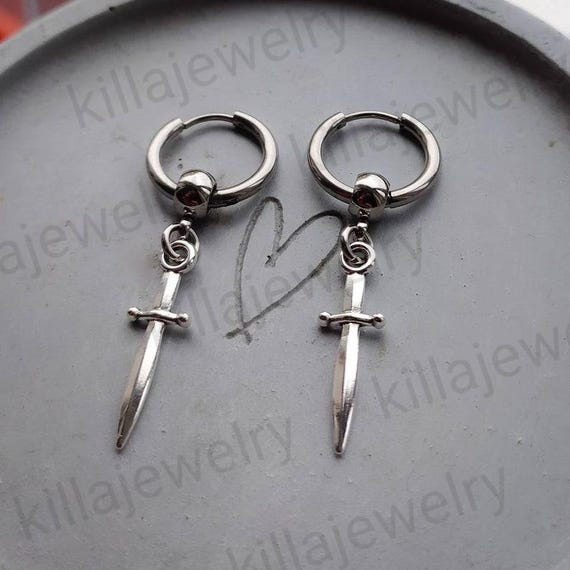 Sword earrings, dagger earrings,  silver sword,ens earrings,  women's jewellery, punk earrings,  goth jewelry, emo, alternative, huggie hoop