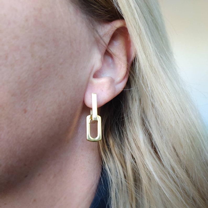 Chunky silver earrings, chunky silver chain link earrings, geometric earrings, rectangular hoop earrings, women's earrings, paperclip chain image 6