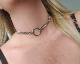 Chunky choker necklace,  womens choker, o ring choker, silver circle necklace, submissive jewelry, sub gift, curb chain, large o ring, goth