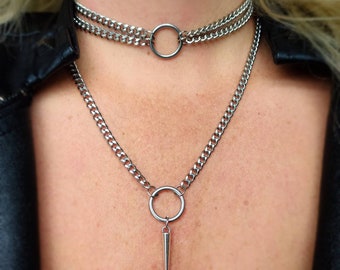 Collier ras de cou multirangs avec joint torique en argent, collier multicouche, collier cercle argenté, collier à pointes, tour de cou à pointes, tour de cou pour femme