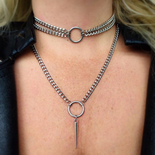 Multi strand o ring choker necklace in silver, multi layer necklace, silver circle necklace, spike necklace, spike choker, women's choker