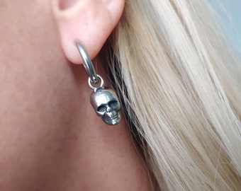 Skull earrings, silver skulls, huggie hoops, ear huggies, mens earring, womens earrings, goth earrings, gothic jewelry, punk jewelry, grunge