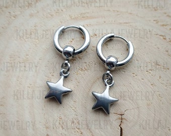 Star earrings, huggie hoops, silver stars, mens earring,  womens earrings, ear huggies, punk earrings, mens jewelry, gift ideas