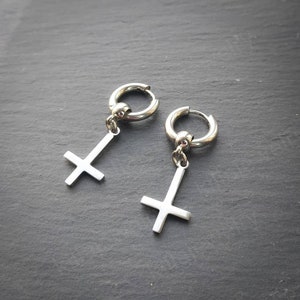 Inverted cross earrings, silver cross, huggie hoops, mens earring, womens jewellery, gothic jewelry, punk earrings, emo, alternative